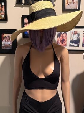Wide-Brim Straw Sun Hat with Black Ribbon - Cream